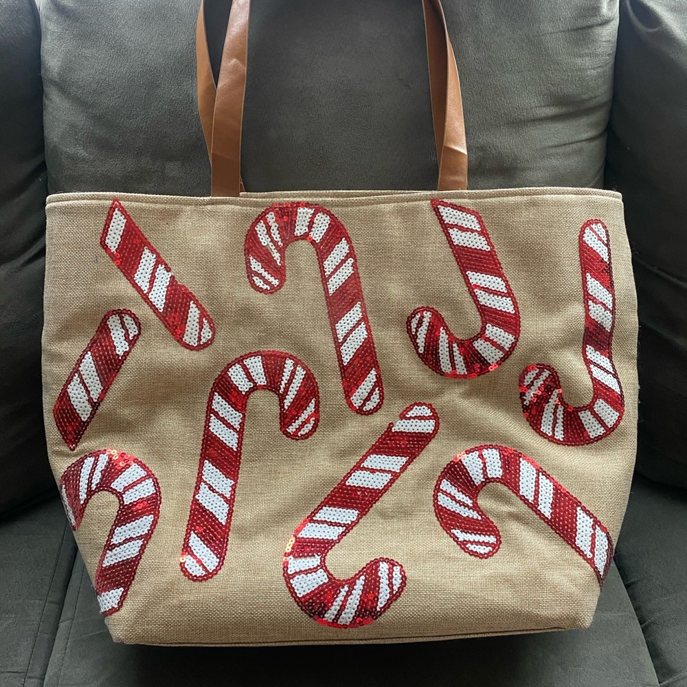 Burlap sequin candy cane tote.   21.5” x 14.5” x 8”.  Very good used condition.